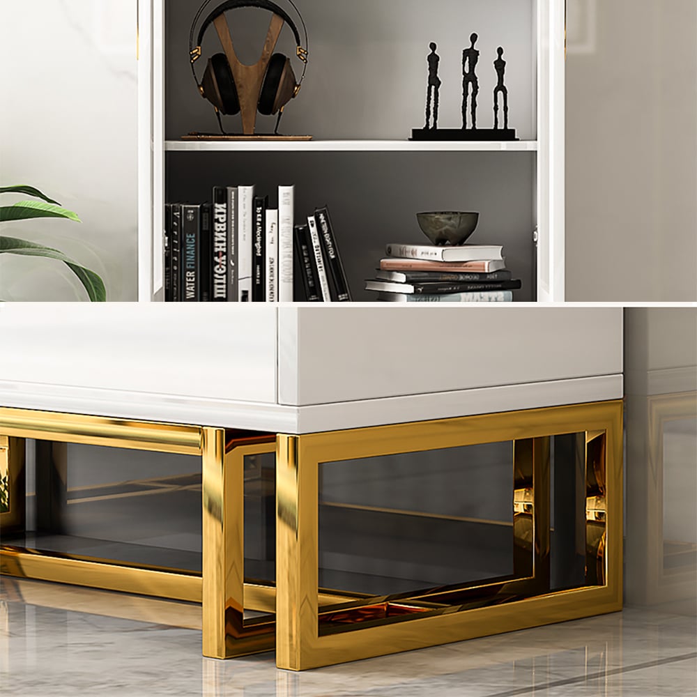 Tall Rectangular White Bookcase with Doors 2 Drawers 78" Height window image