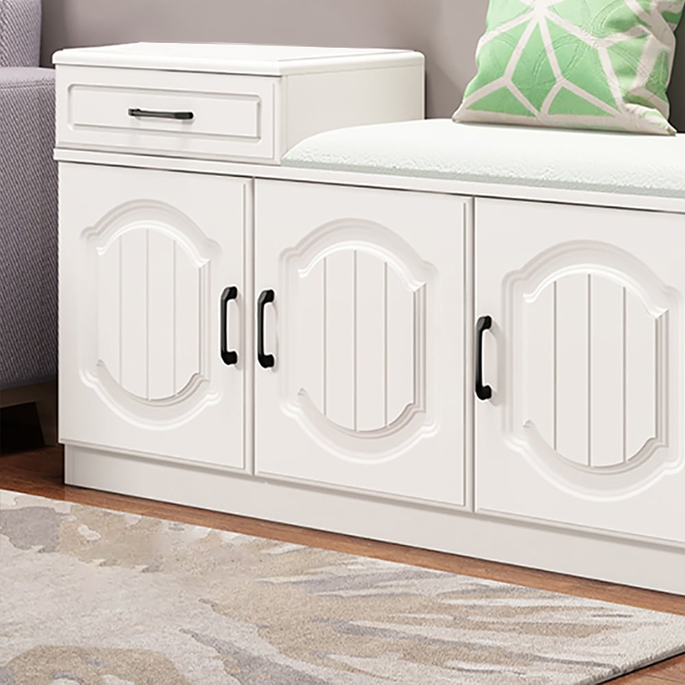 Modern White Leather Upholstered Entryway Bench with Shoe Storage  window image