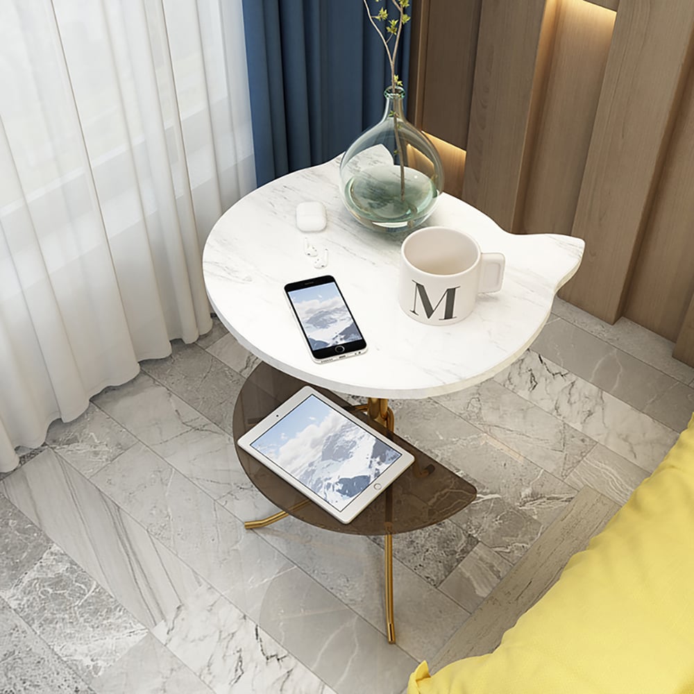 2-Tiered White Marble End Table with Shelves in Glass Metal Side Table window image