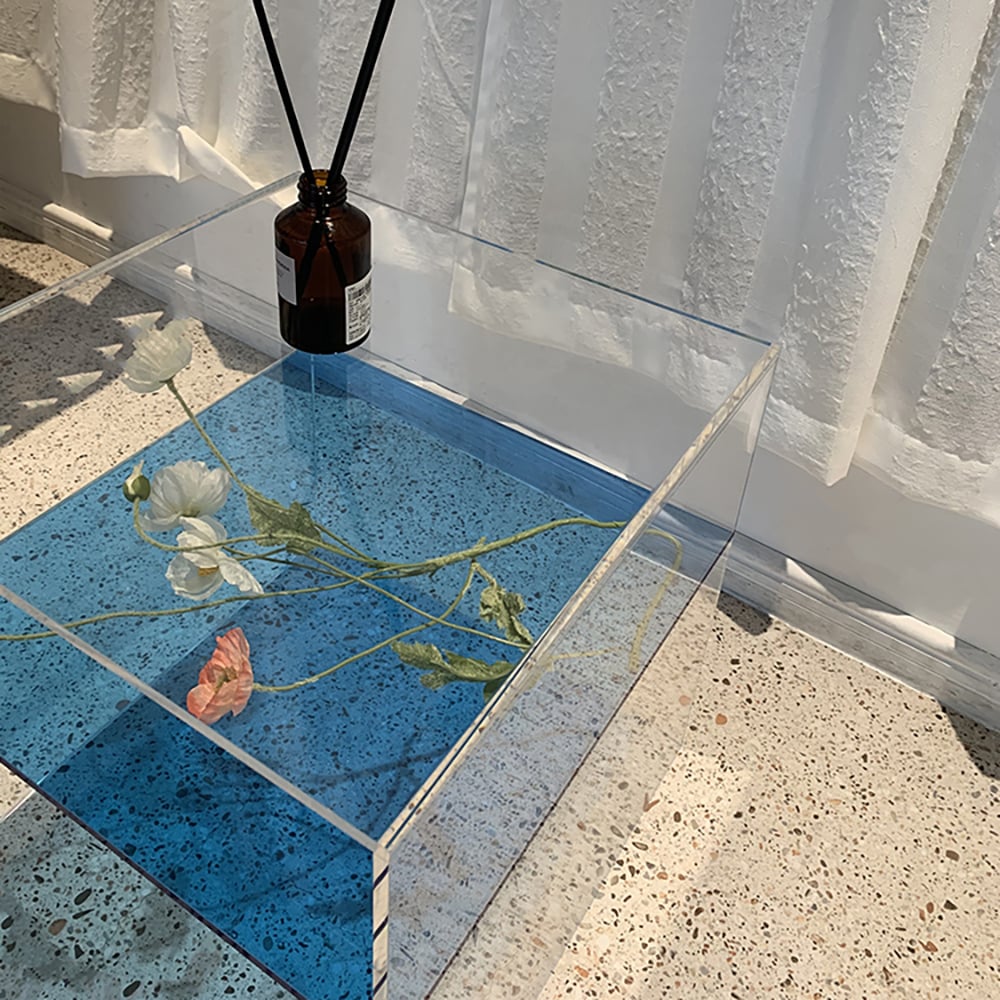 Vierkante bijzettafel van acryl in helder en blauw bijzettafel Vensterafbeelding