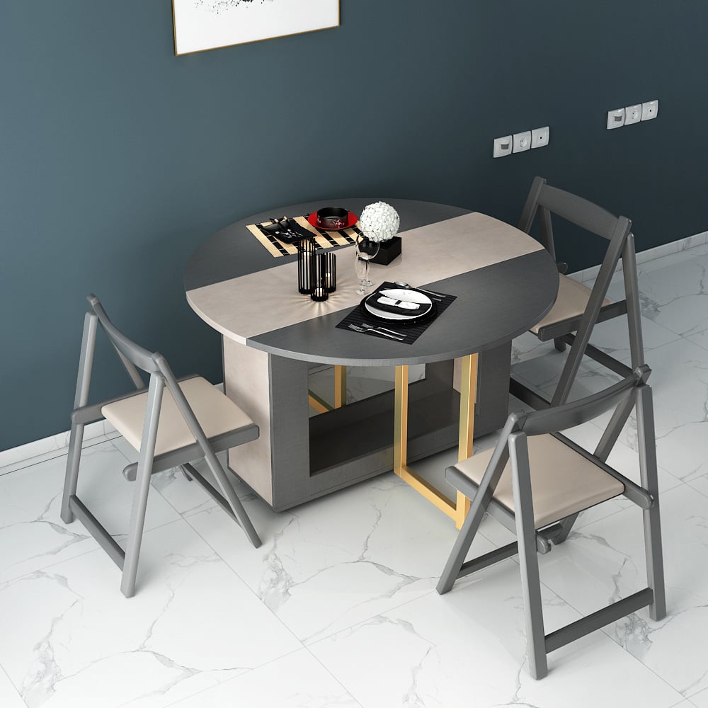 47.2"Round Dining Table Set with Chairs Folding Top & Metal Base Wood Chairs Included window image