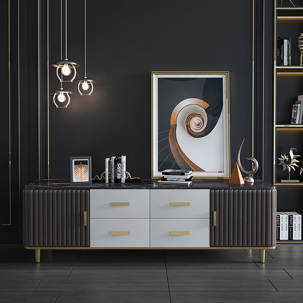 White & Coffee TV Stand 4-Drawer 2-Door Media Console Gold Finish window image