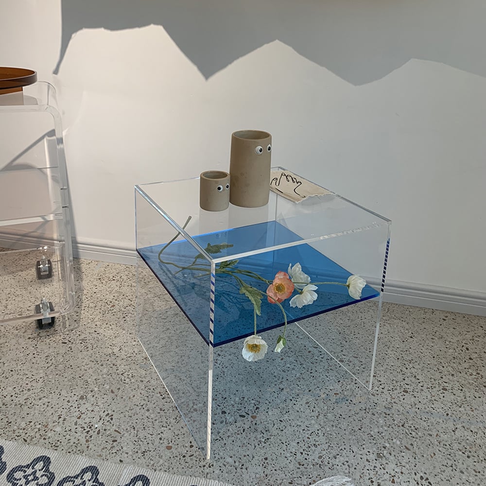 Vierkante bijzettafel van acryl in helder en blauw bijzettafel Vensterafbeelding