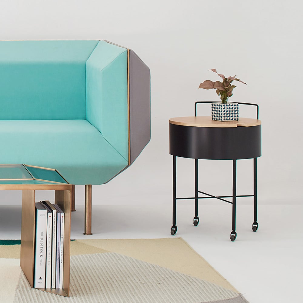 Black Metal End Table with Storage Wooden Top Round Side Table window image