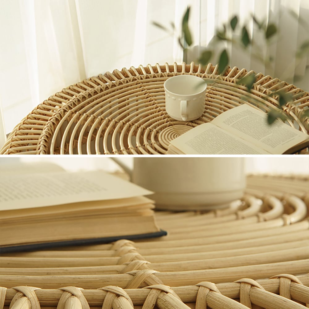 Farmhouse Rattan Round End Table Handmade Side Table Rustic window image