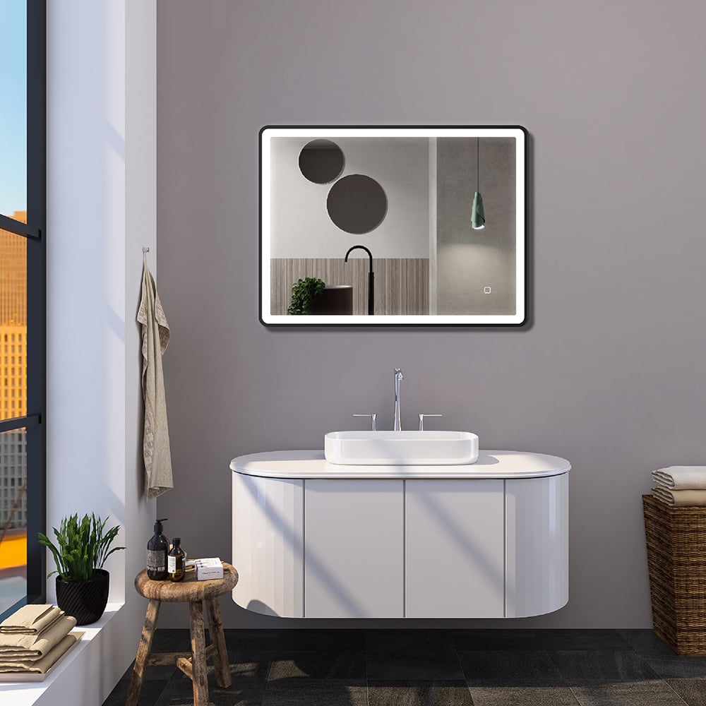 600mm x 800mm Wall-Mounted Aluminum Frame Demister LED Bathroom Mirrors Matt Black window image