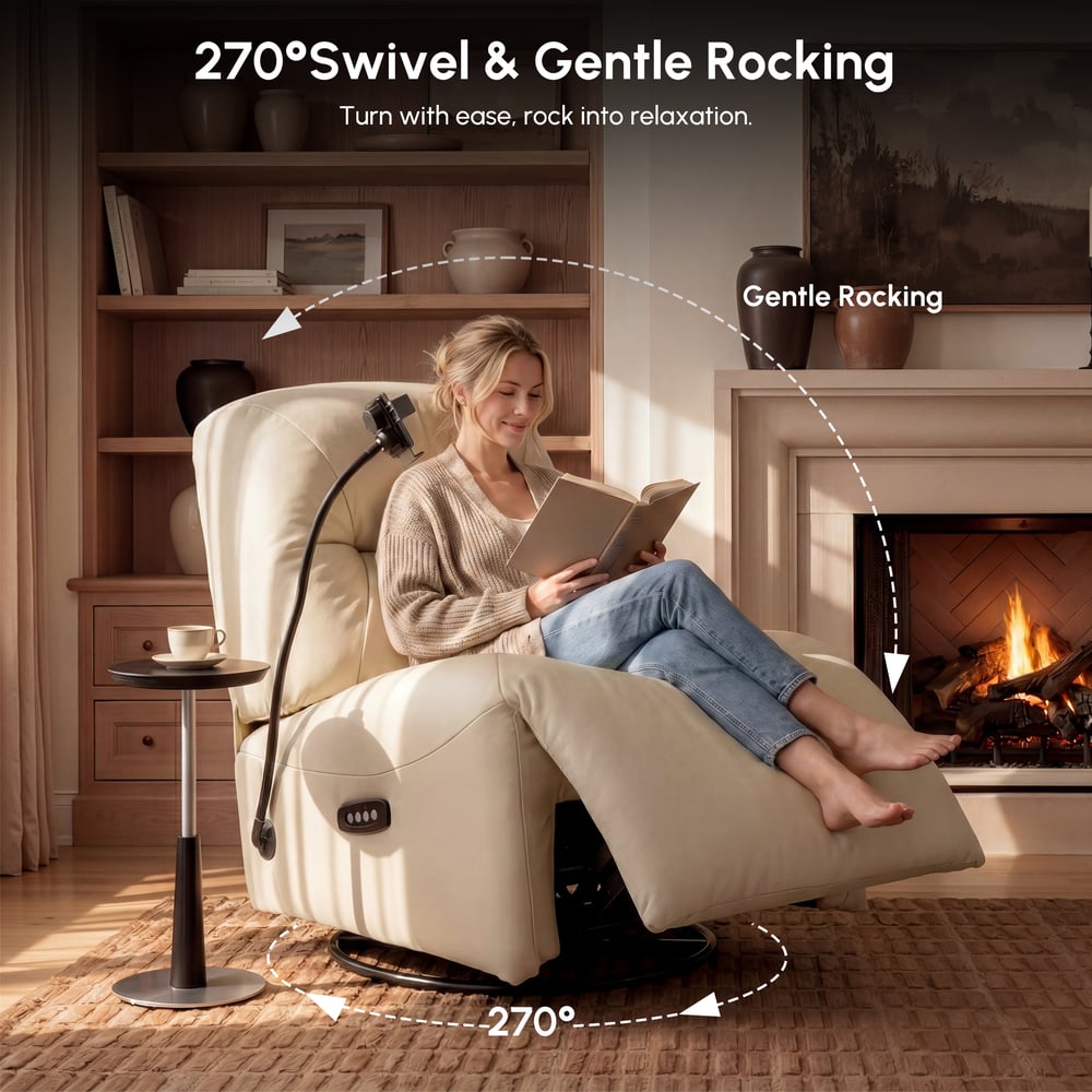 Genuine Leather Power Swivel Rocker Recliner Accent Chair with Phone Holder window image