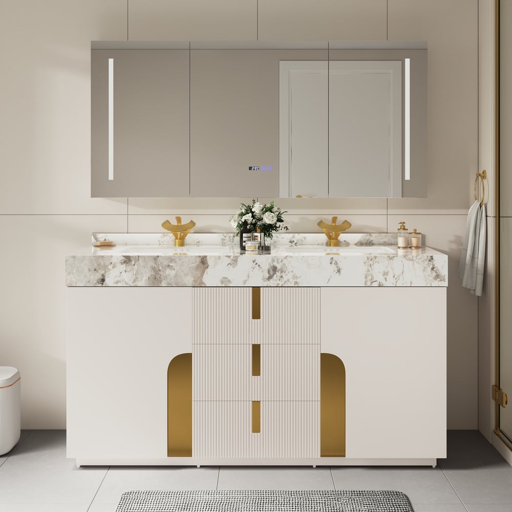 Tocador de baño doble flotante Artis de 60 pulgadas con lavabo, encimera de piedra sinterizada, amplio almacenamiento Imagen de ventana