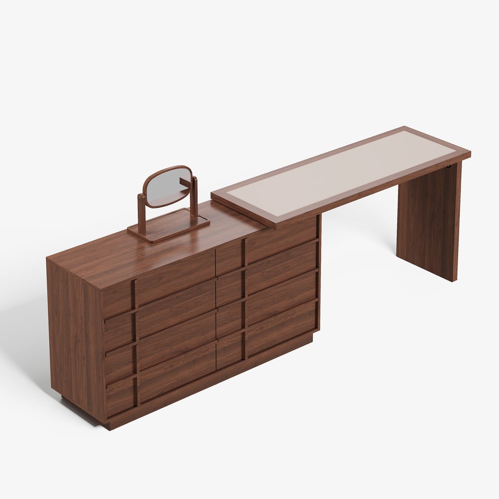 Panvyr Wooden Extendable L-Shaped Makeup Vanity Dresser with Vanity Mirror (49"–94") window image