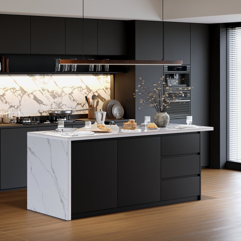 Modern 72" Glossy Sintered Stone Top Kitchen Island with Storage, White & Black window image