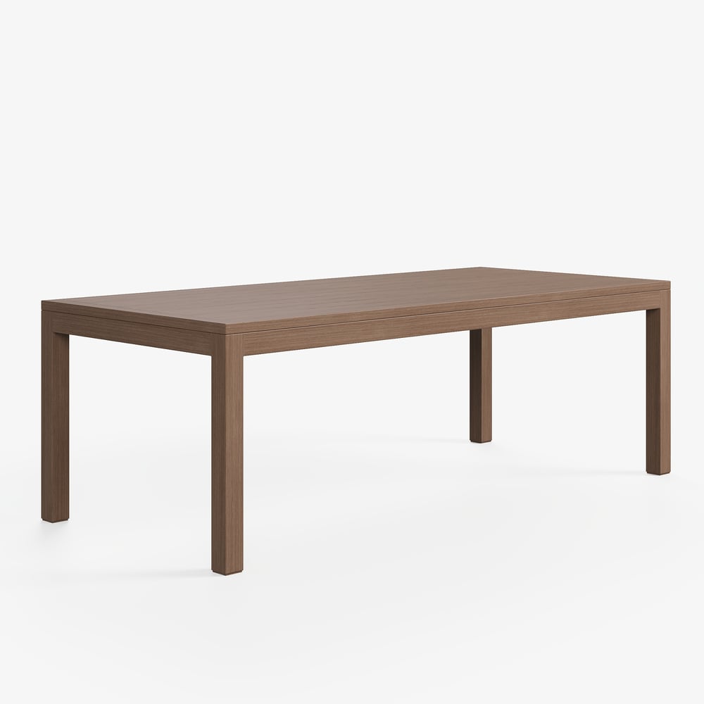 Table à manger d'extérieur à lattes en aluminium finition noyer Wevara 86.6" image de fenêtre