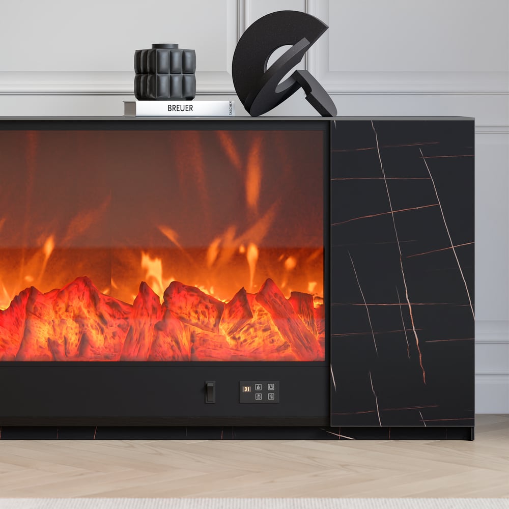 Ensemble meuble TV avec foyer électrique et table basse en pierre frittée de 71" image de fenêtre