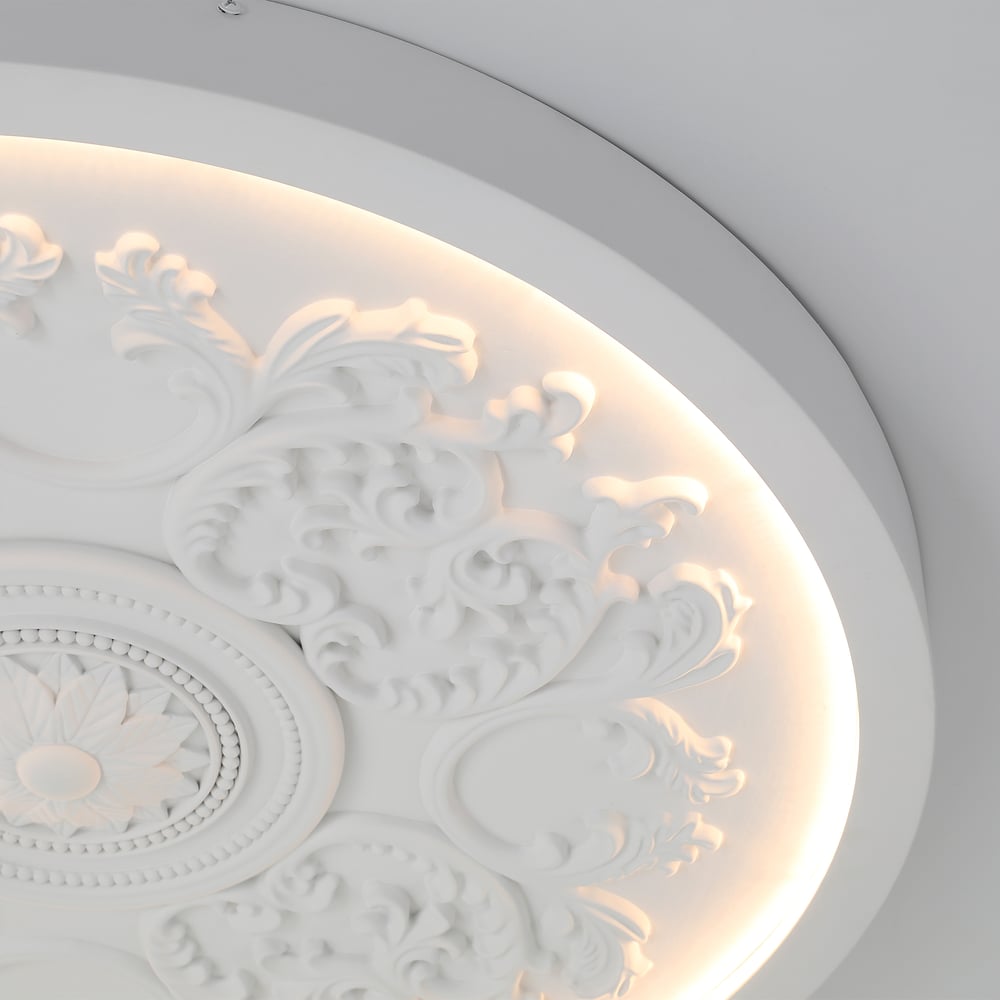 French Elegant White Resin 3D Carved LED 3-Mode Dimmable Flush Mount Ceiling Light window image