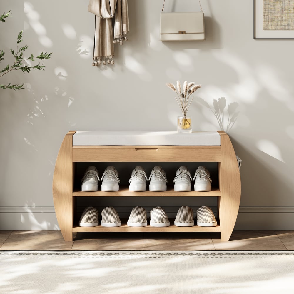 32'' Solid Wood Natural Shoe Storage Entryway Bench with Shoe Rack window image