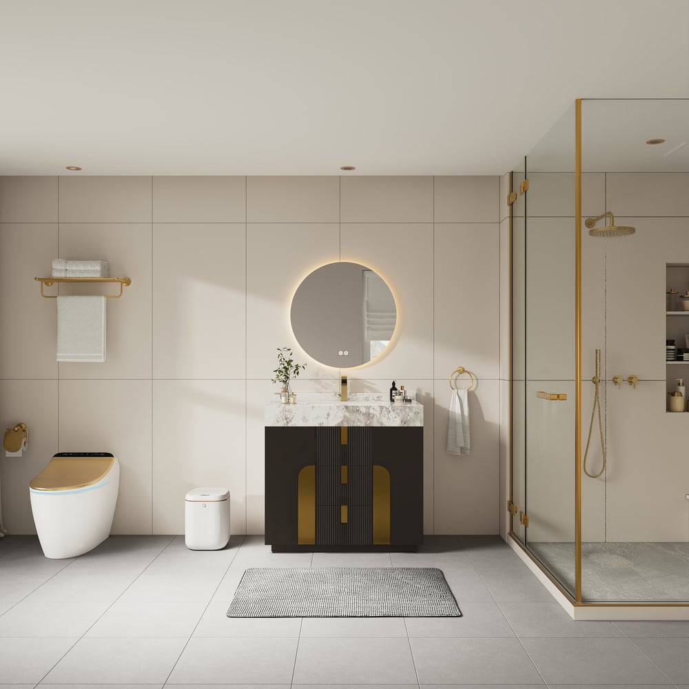 Meuble-lavabo simple autoportant Artis de 91cm avec dessus en pierre frittée image de fenêtre