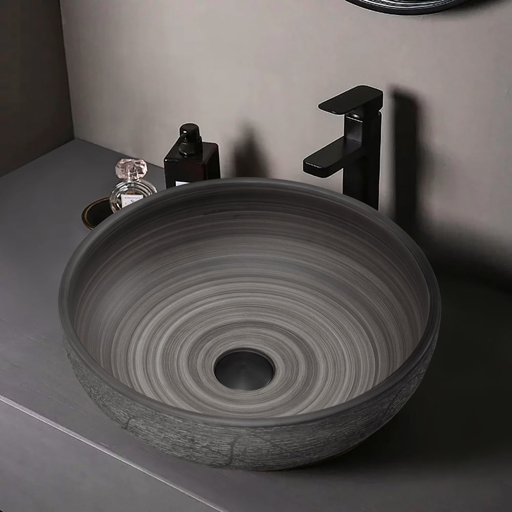 Vasque de salle de bain ronde en céramique grise de 40cm – évier à poser avec glaçure mate image de fenêtre