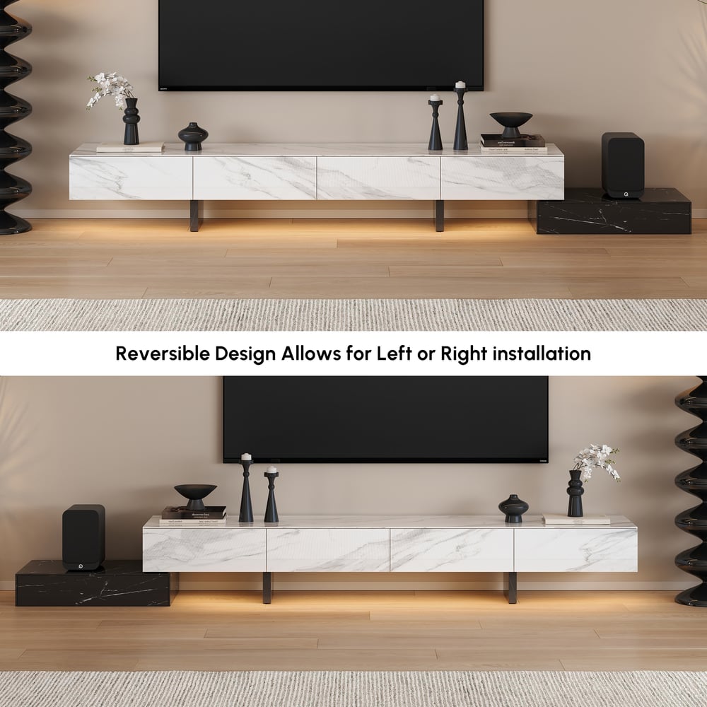 Meuble TV extensible de 87"-106" avec plateau en pierre frittée et 5 tiroirs image de fenêtre