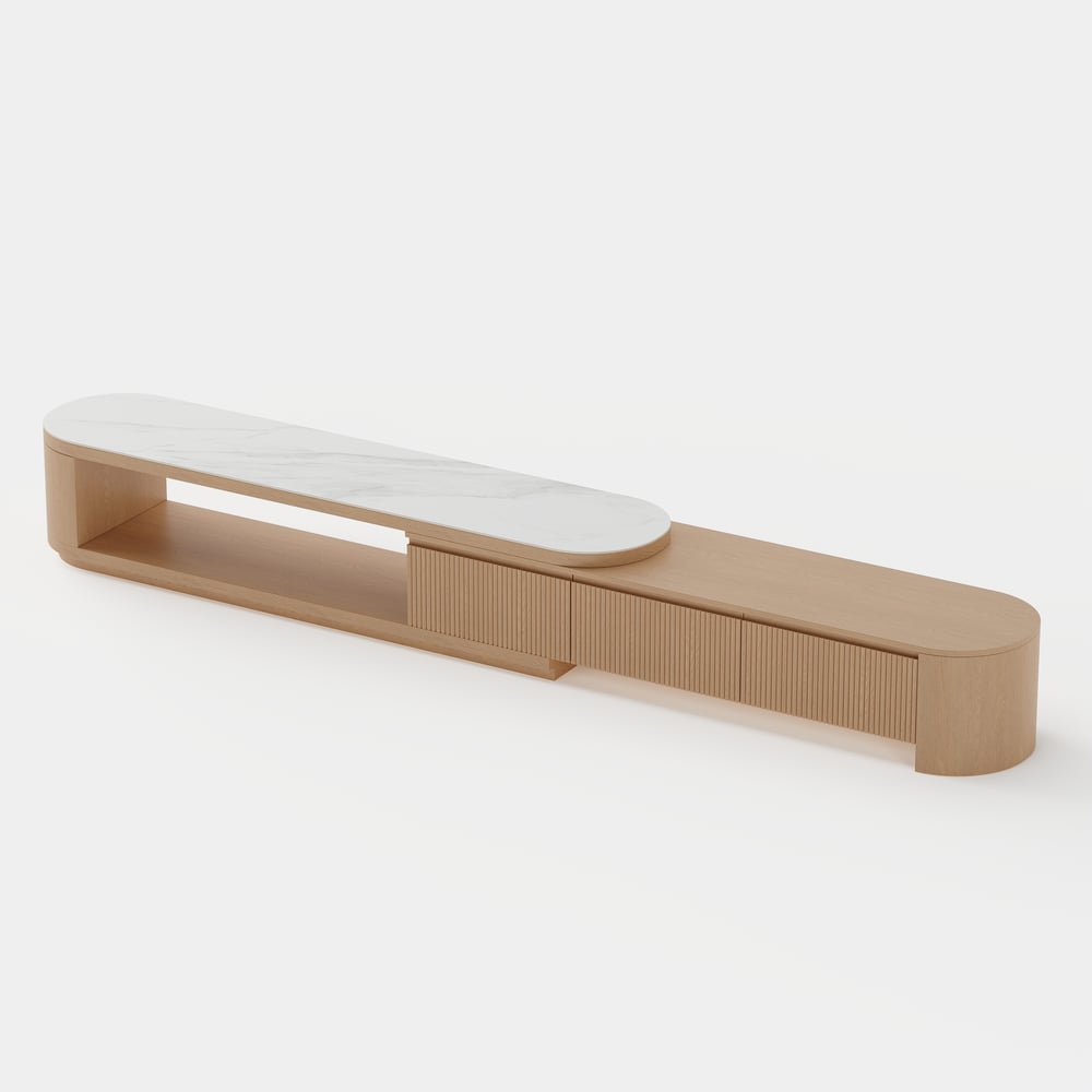 Velar 71"-114" Extendable Fluted TV Stand with Sintered Stone Top & 3 Drawers window image