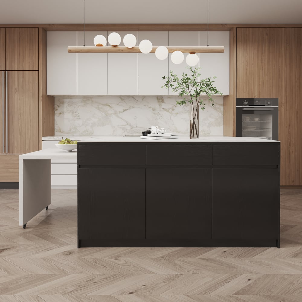 Îlot de cuisine extensible en pierre frittée de 205 à 270 cm avec portes et tiroirs, noir et blanc image de fenêtre