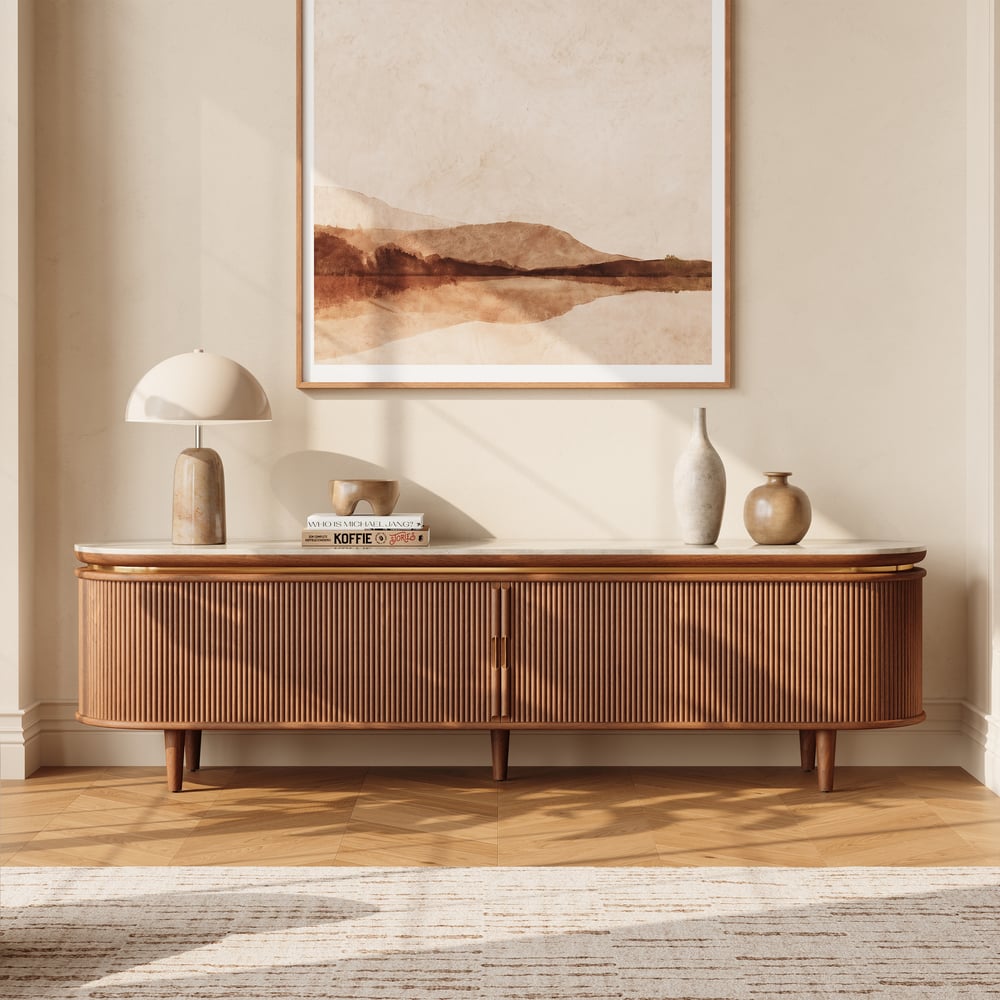 79" Ash Wood Walnut Fluted TV Stand with Sintered Stone Top window image
