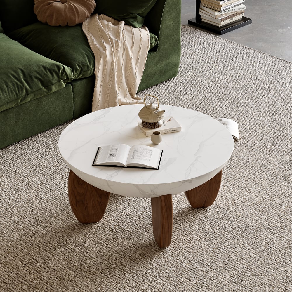 Curva 37" Round Concrete Walnut Coffee Table with Wood Legs window image