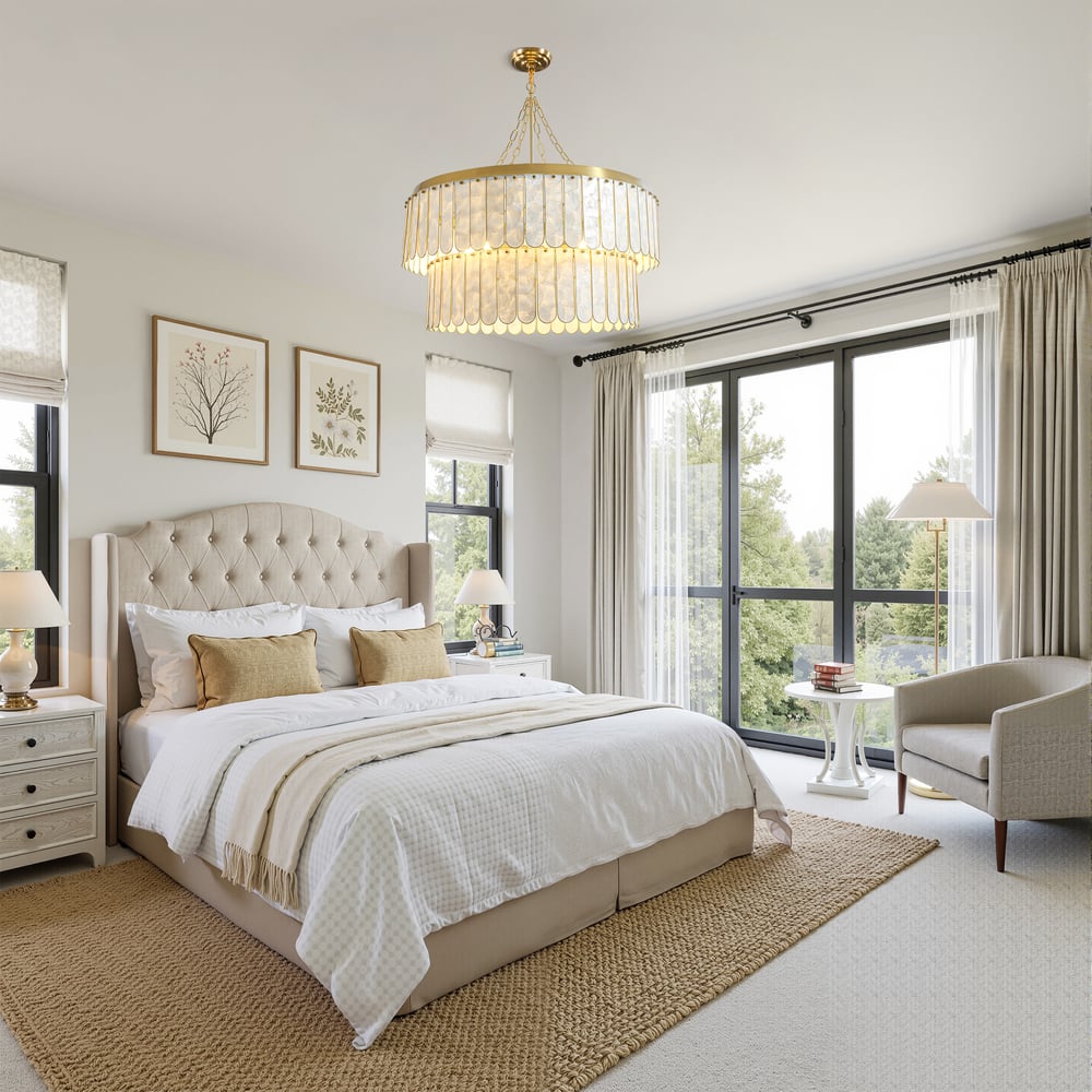 Enseo Coastal 8-Light Capiz Shell 2-Tiered Faceted Chandelier Pendant Light Gold White window image