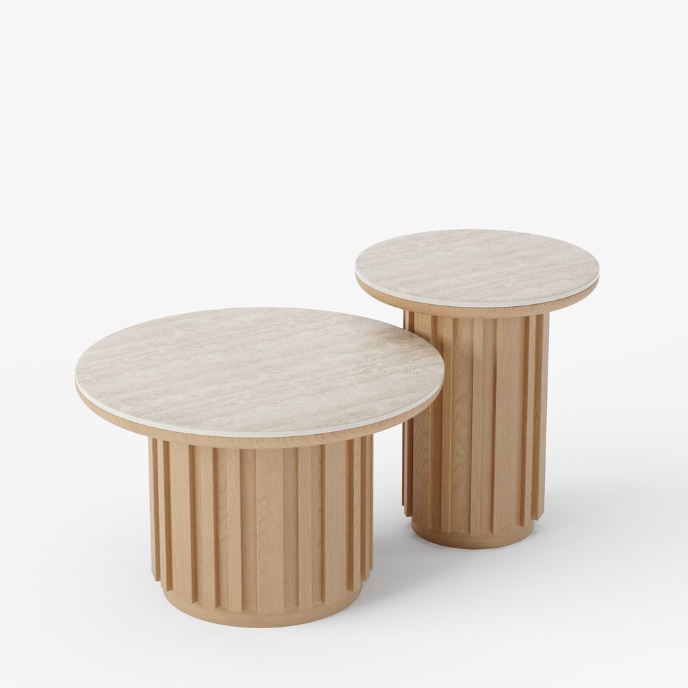 Aura 2 Piece Set Ash Wood Slatted  Round Coffee Table with Sintered Stone Top(20" - 28") window image