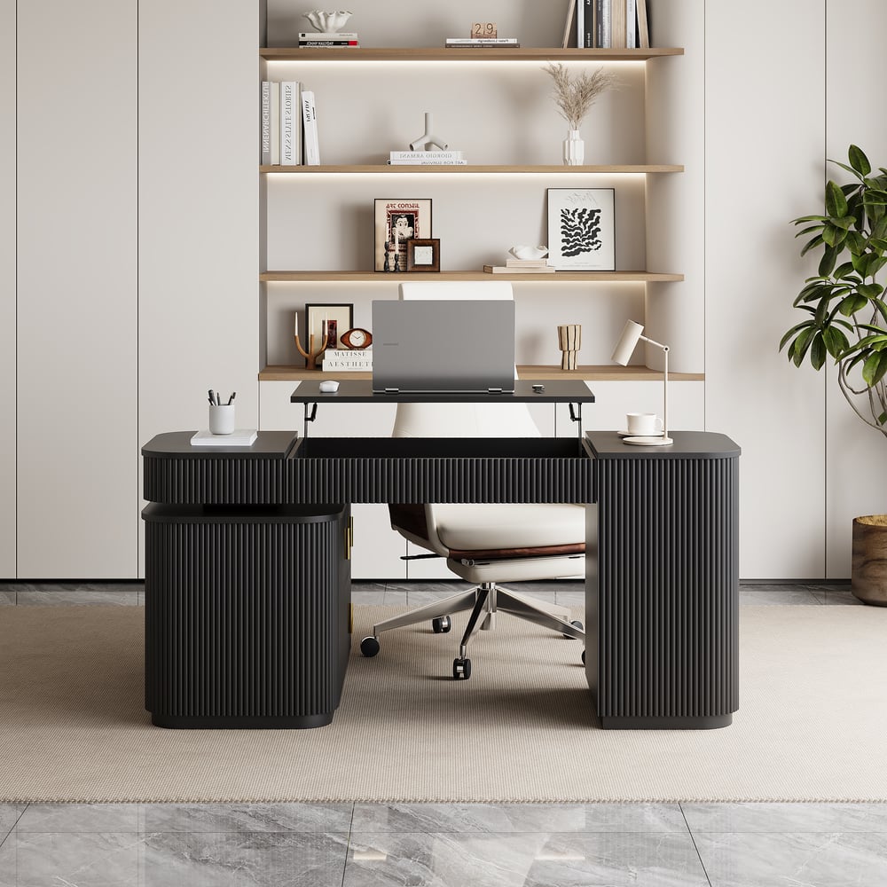 Velign 65" L-Shape Black Executive Desk with Right-Side Cabinet window image
