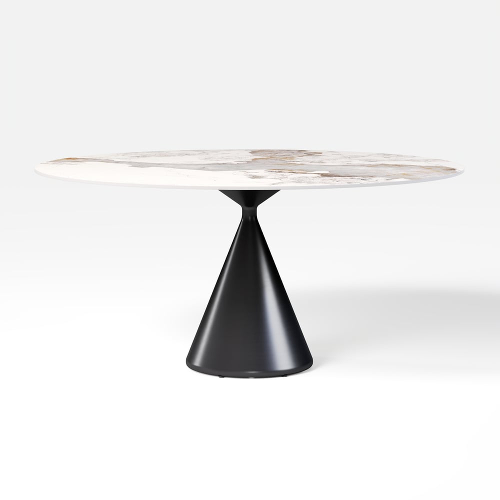 Modern 60" Round Glossy Sintered Stone Dining Table with Black Pedestal Base, Seats 6 window image