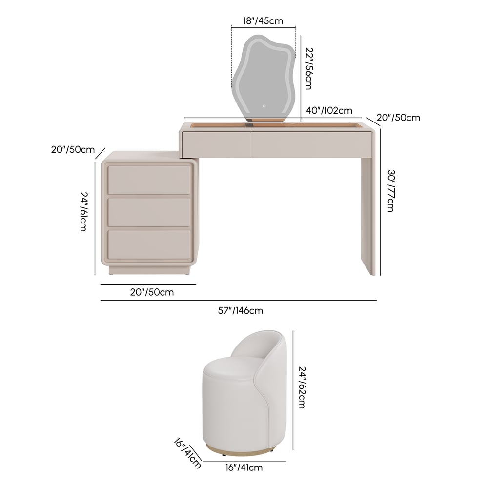 Modern Matte Warm White Makeup Vanity Set with LED Mirror and Jewelry Storage  (40"-57") weights dimensions image