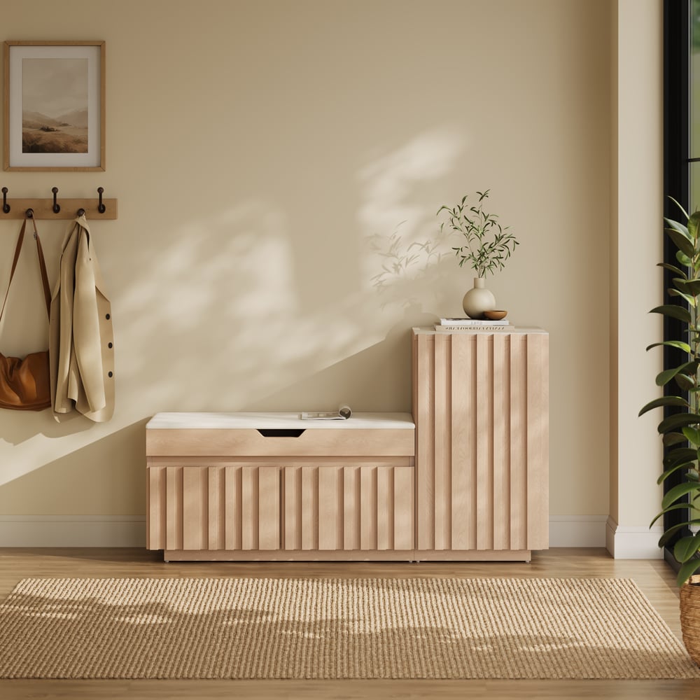 Aura 47” Wooden Shoe Storage Bench with Right-Side Cabinet for Entryway window image