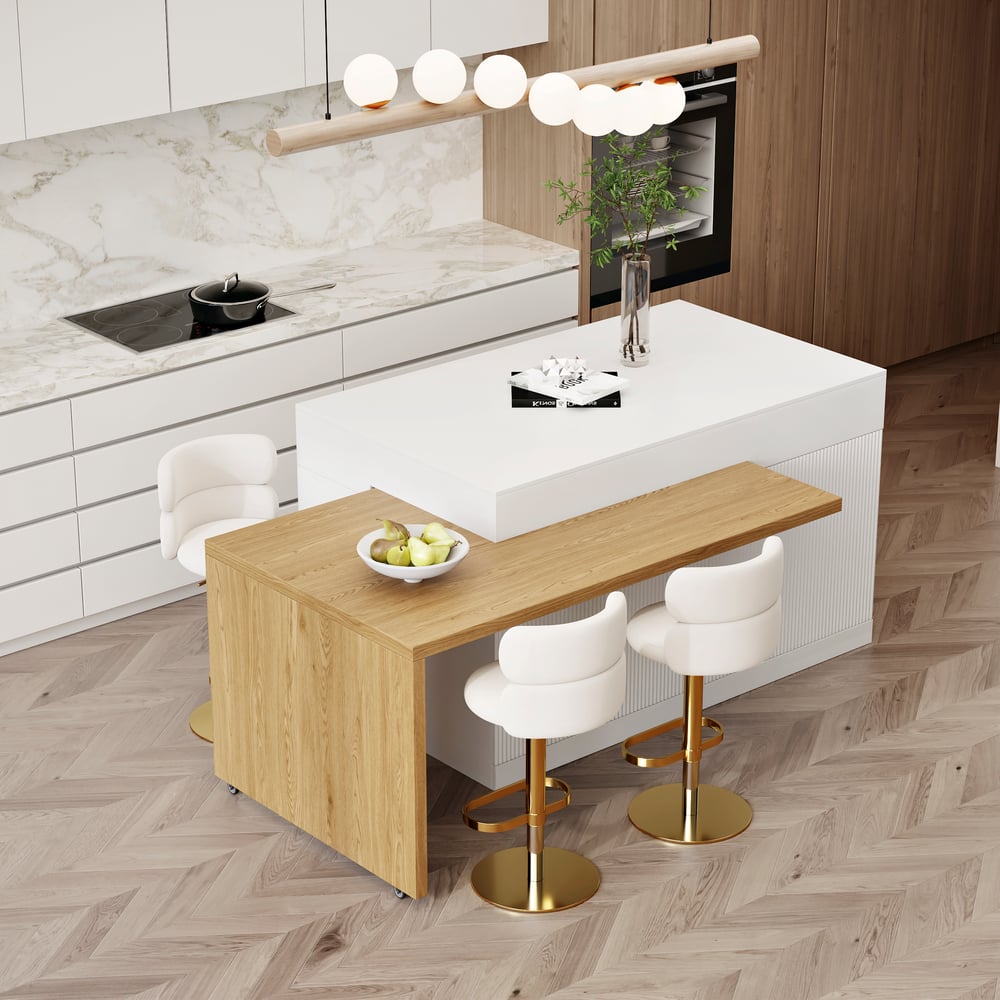 Îlot de cuisine extensible en bois de 81'' à 112'' avec rangement, Naturel et Blanc image de fenêtre