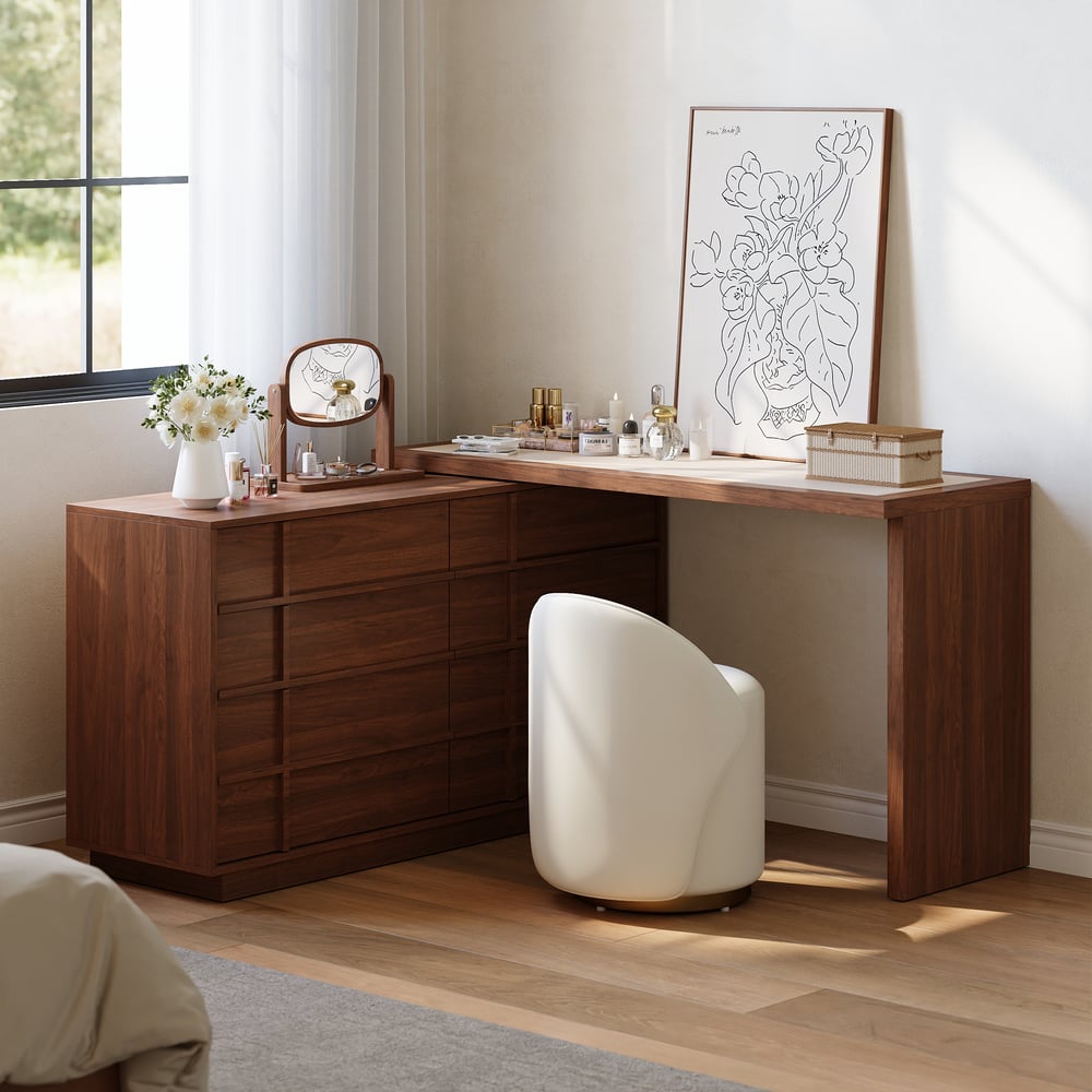 Panvyr Wooden Extendable L-Shaped Makeup Vanity Dresser with Vanity Mirror (49"–94") window image