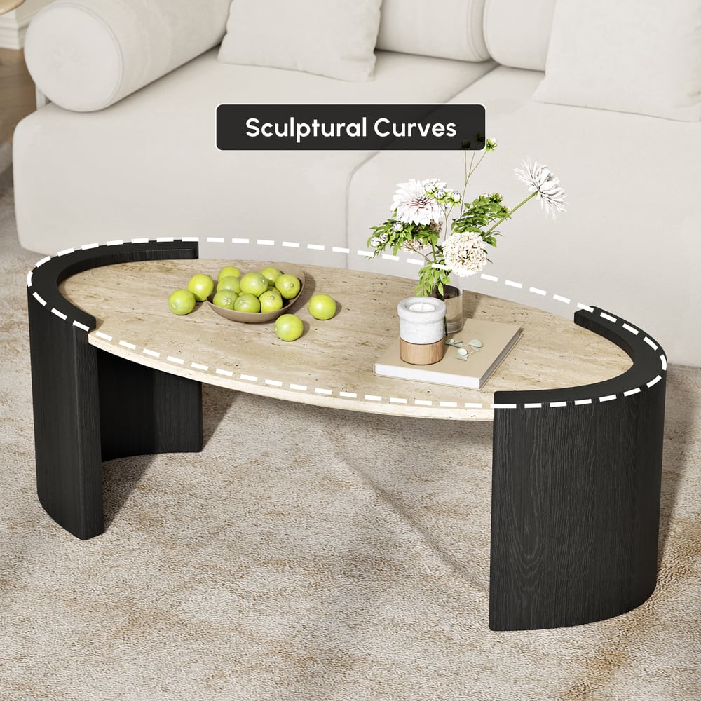 Table Basse de 43" en Pierre de Travertin Ovale Style Japandi image de fenêtre