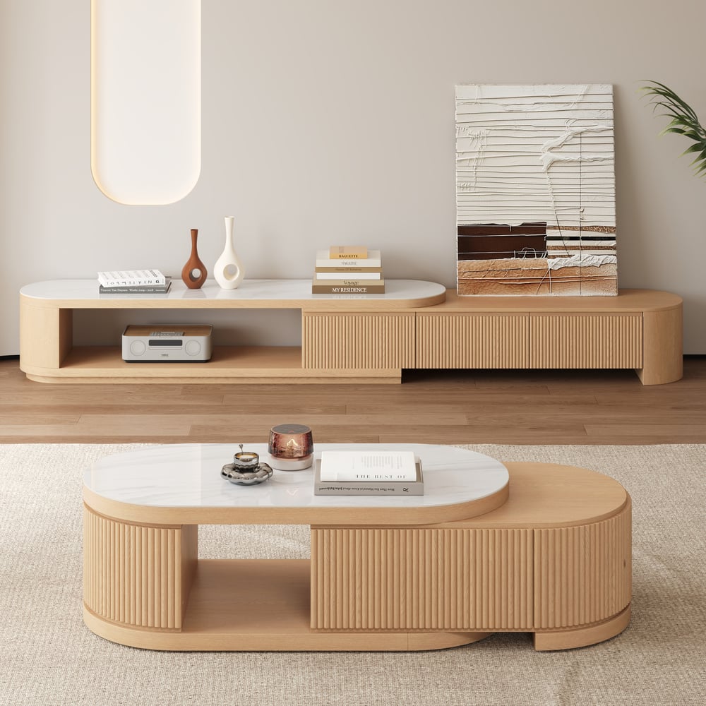 Velar 71"-114" Extendable Fluted TV Stand with Sintered Stone Top & 3 Drawers window image