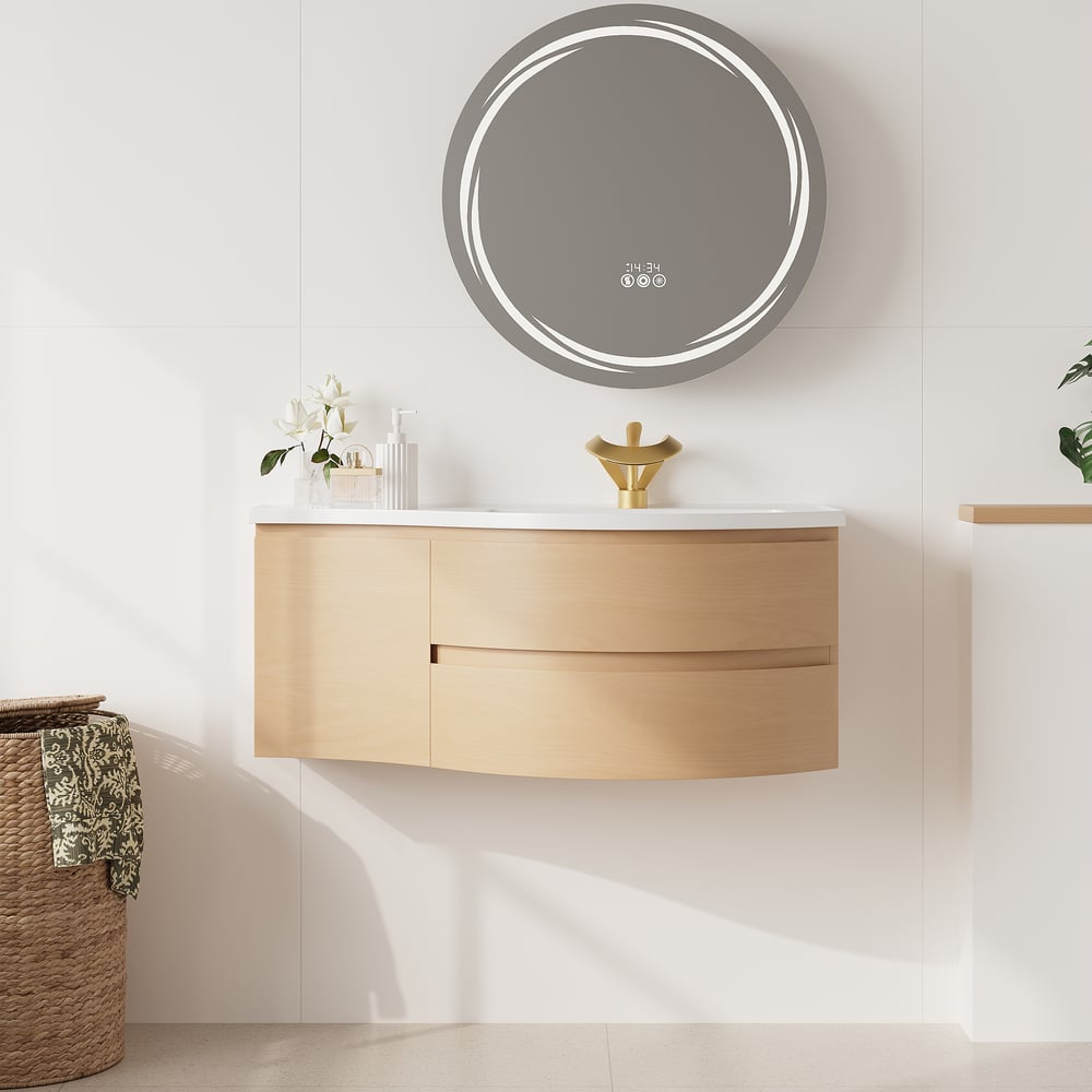 Floating Curved Bathroom Vanity & Round LED Medicine Cabinet Set Right Offset window image