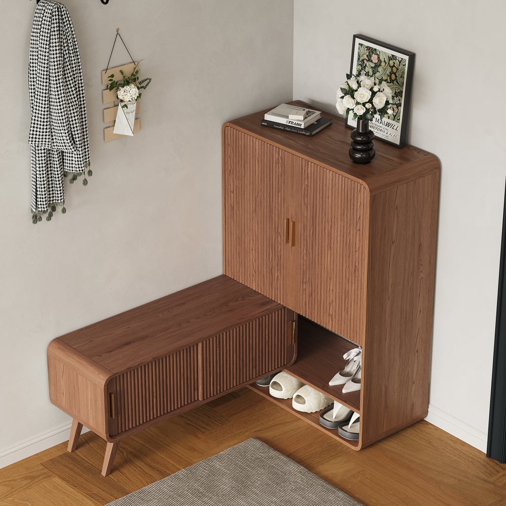 37" Ash Wood Veneer Fluted Shoe Storage Entryway Cabinet, Left Hand window image