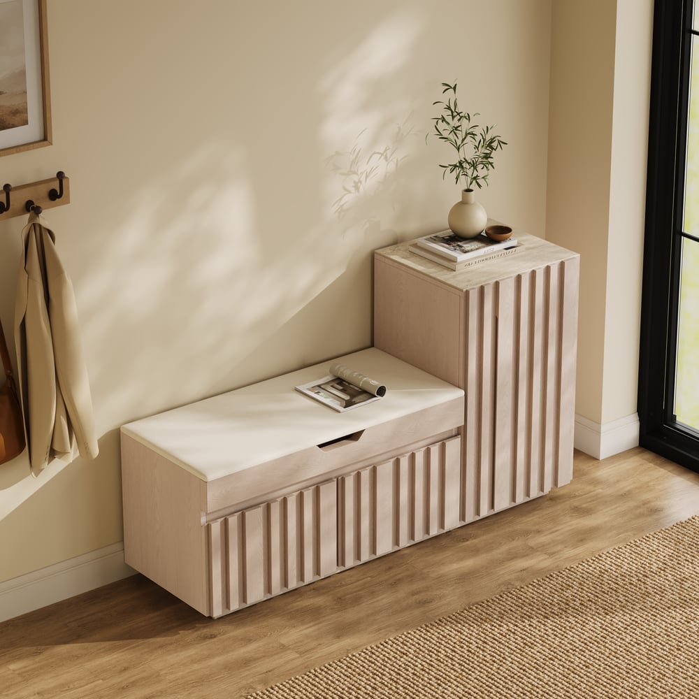 Banc de rangement pour chaussures en bois Aura 47 po avec armoire sur le côté droit pour l'entrée image de fenêtre