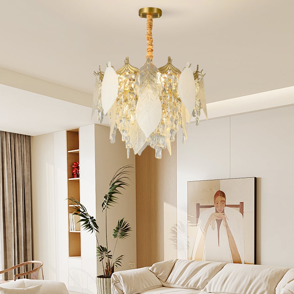 Luxusní patrový lustr z listového skla a křišťálu s nastavitelnou výškou zavěšení obrázek okna