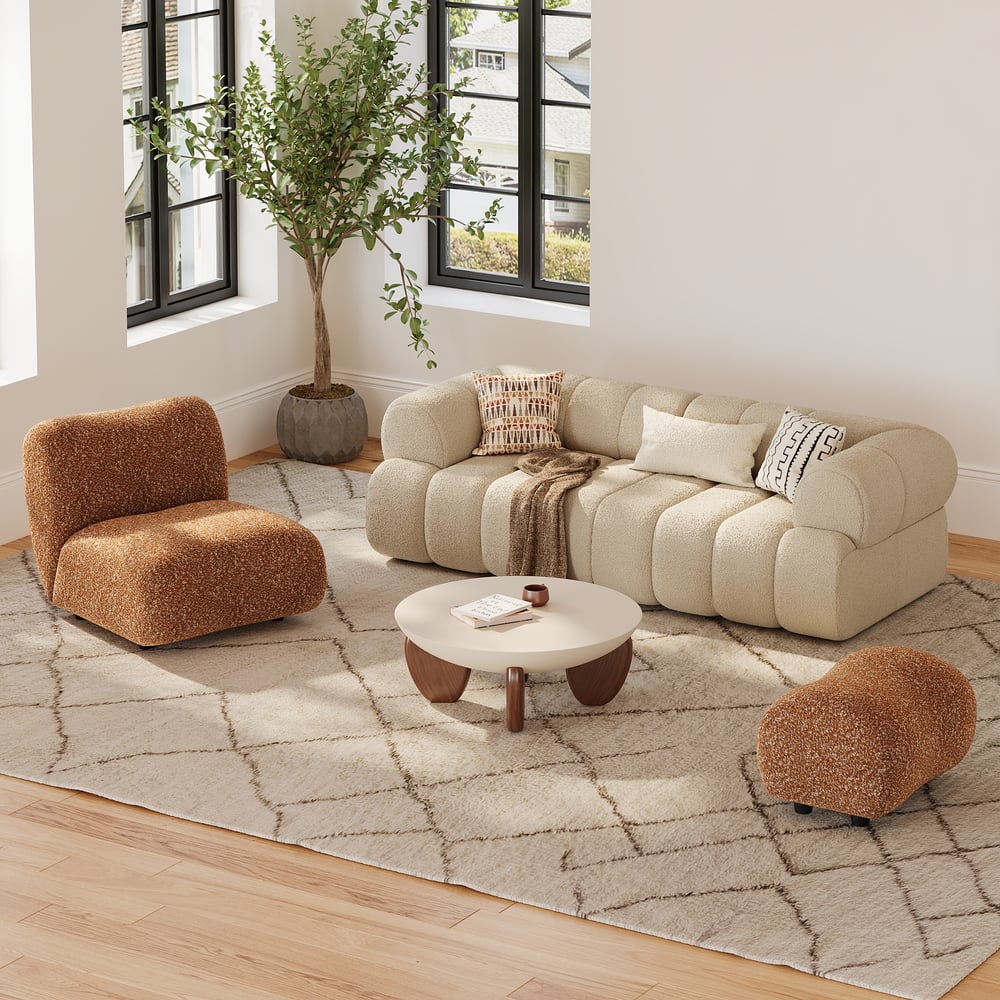 Set of 17" Performance Boucle Upholstered Curved Slipper Accent Chair and Ottoman window image