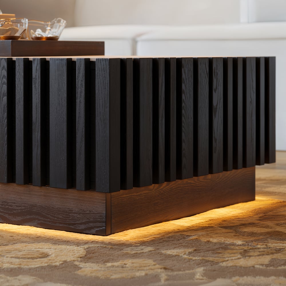 Table basse à lattes Aura 47" en bois de frêne avec plateau en pierre frittée image de fenêtre