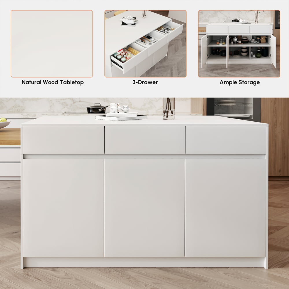 Îlot de cuisine extensible en bois de 81''-112" avec rangement, Naturel & Blanc image de fenêtre