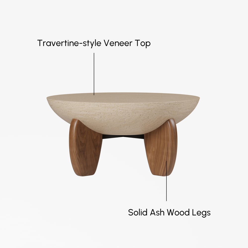 Table Basse Curva 76 cm Ronde en Béton Noyer avec Pieds en Bois image de fenêtre