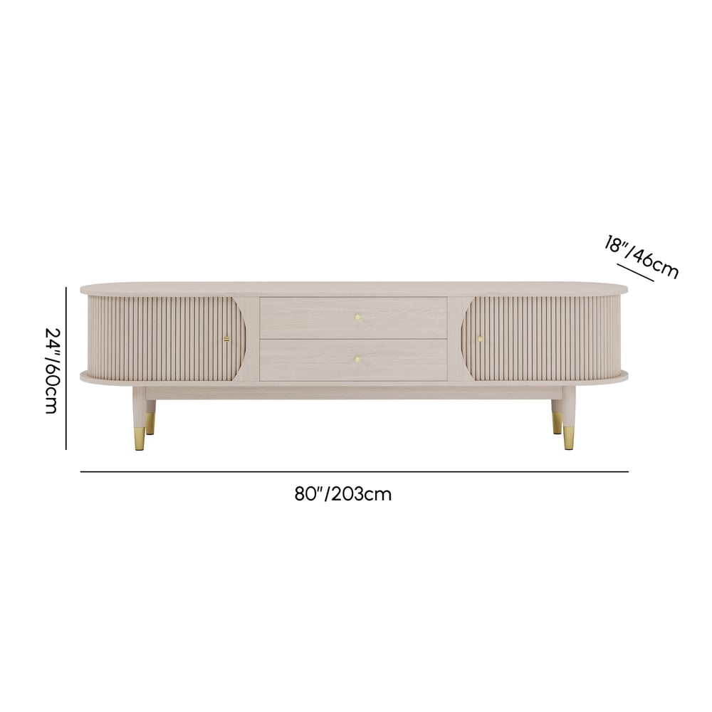 80" Ash Wood Fluted Whitewash TV Stand with Storage weights dimensions image