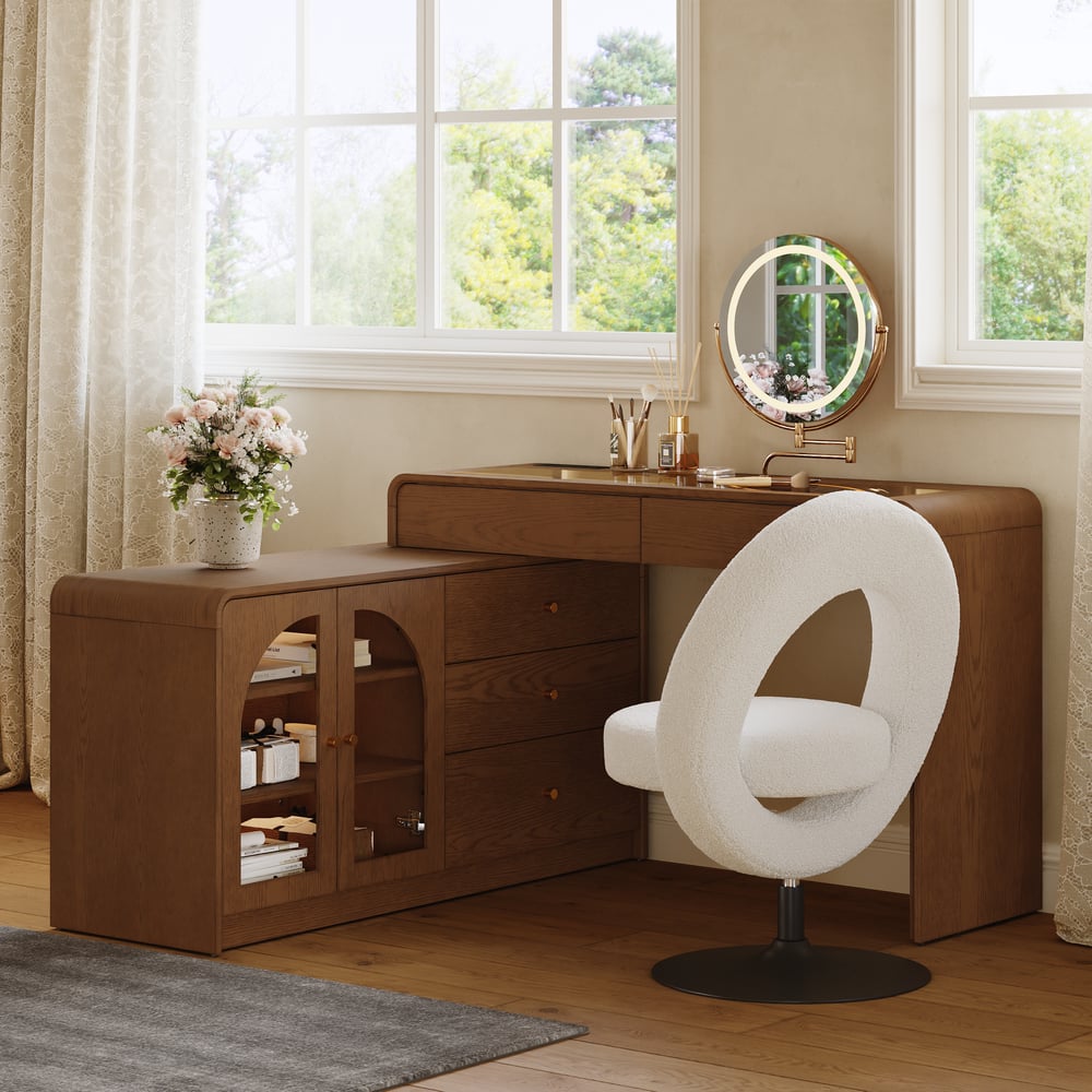 Mid Century Modern Extendable L-Shaped Makeup Vanity Dresser with LED Mirror(49"–91") window image