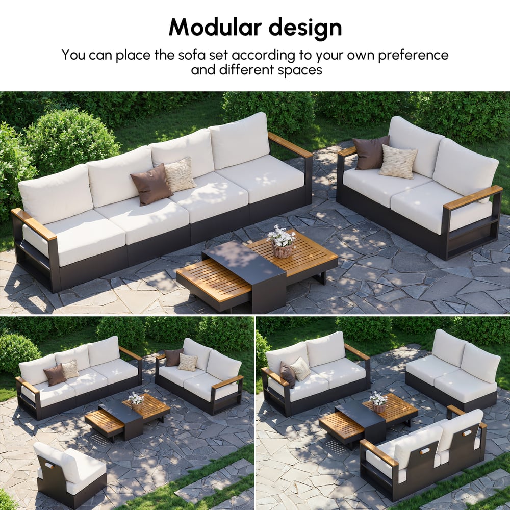 Tevara 6-Person Outdoor Sofa Set with Wood & Aluminum Frame, Dark Gray & Warm White window image