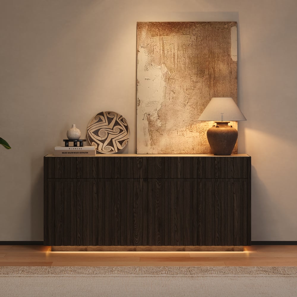 Aura 65" Ash Wood Slatted TV Stand with Sintered Stone Top window image