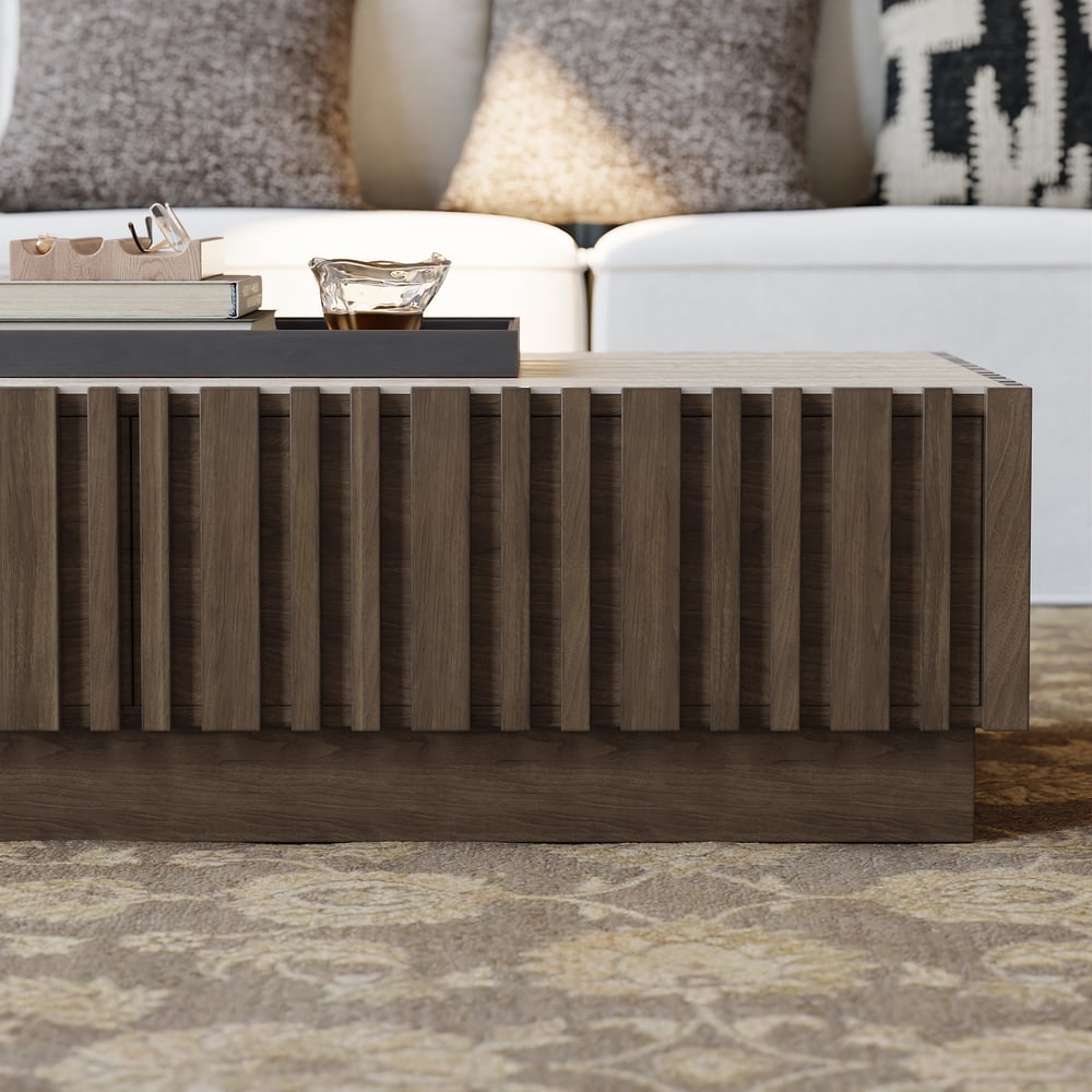 Aura 47" Ash Wood Slatted Coffee Table with Sintered Stone Top window image
