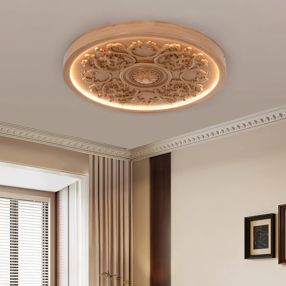 French Elegant Natural Resin 3D Carved LED Dimmable Flush Mount Ceiling Light window image
