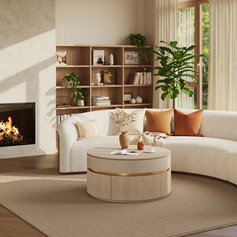 Table basse ronde à plateau relevable cannelé de 32 pouces avec 2 tiroirs image de fenêtre